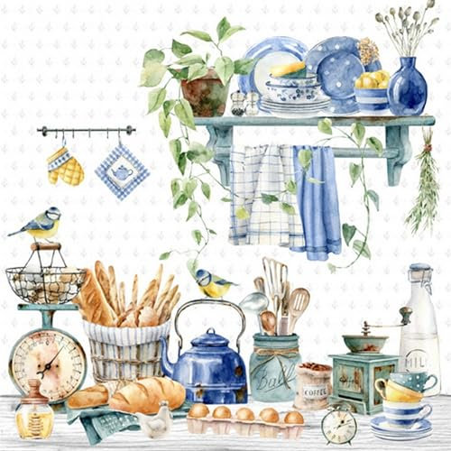 20 Servietten Essen & Trinken Blaumeisen in Küche als Tischdeko. Papierservietten mit Motiv. Auch für Decoupage und Serviettentechnik 33x33cm