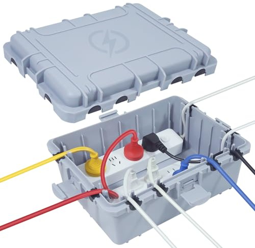 OUTDSPLY Große wasserdichte Kabelbox für den Außenbereich, wetterfeste Außensteckdose, IP54-geschützte Steckdosenleiste, Timer-Steckdose, Außenstecker, Verlängerungskabel (31 x 23 x 13 cm) - Grau