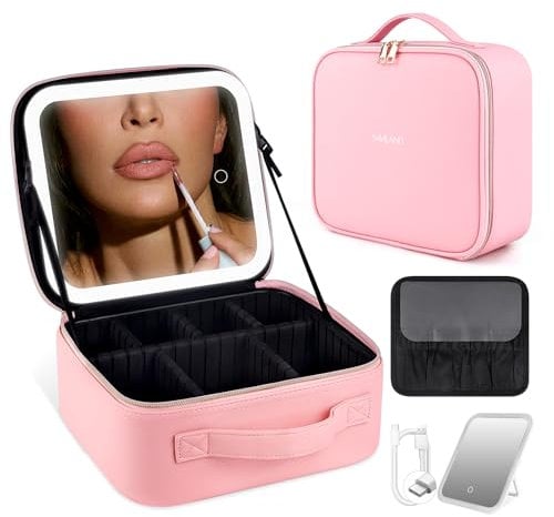 SAVILAND Travel Makeup Bag with Led Mirror: PU Leather Makeup Case for Women & Makeup Artists Nail Polish Organizer Bag Cosmetic Makeup Bag with Light Up Mirror, 3 Color Lights & Adjustable Dividers
