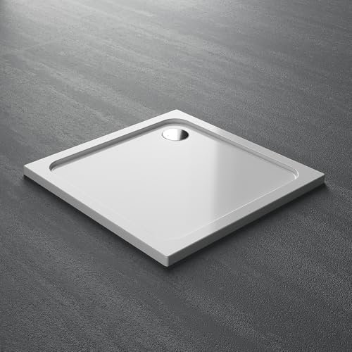 DOOLEEWEE Duschwanne 80x80X4cm MitAblaufgarnitur Hochglanz Weiß Ablaufgarnitur mit Geruchsverschluss (Siphon) Acryl-Duschbereich