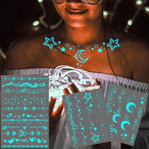 4 Blatt Blau Leuchtende Mond Stern Temporäre Tattoos Damen Frauen Mädchen, Sexy Schmetterling funkeln einfache Fake im Dunkeln leuchtende Tattoo Aufkleber klebetattoos Erwachsene, Party Nacht Glitzer