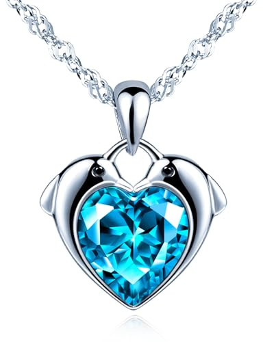 CPSLOVE Elégant Collier Pendentif Cœur en Argent 925 pour Femmes Filles Créatif Pendentifs de Dauphin - Cœur Mode Colliers de Zircon avec Chaîne de 45cm