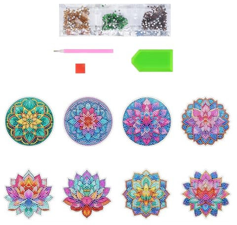 Diamant Peinture Dessous de Verr,8 PCS Lotus Dessous de Verre Diamond Painting DIY Arts et Artisanat Kits de Peinture de Diamant Sous-verres à Peindre en Diamant avec Tampons pour Adultes Enfants