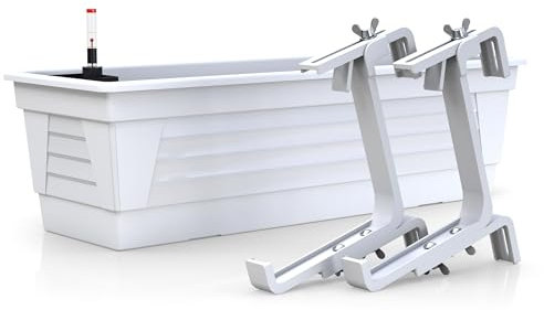 Plastard Blumenkasten 100 cm lang mit Hydroeinsatz Wasserstandsanzeige und Balkonhalterung witterungsbeständig Farbe Weiß