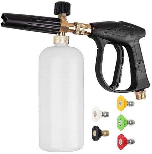 DUOJIN Pistolet à Haute Pression Canon à Mousse,Distributeur de Savon Réglable 1/4 Rapide, Lance de Mousse de Neige,Nettoyeur Haute Pression, Bouteille avec 5 Buses pour Lavage de Voiture