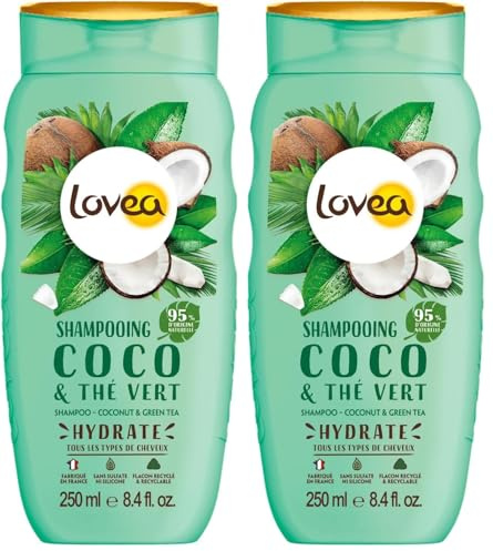 LOVEA - Shampooing - Coco & Thé Vert - Nettoie & Hydrate Intensément - Cheveux Tous Types - 95% d'Origine Naturelle - Sans Silicone - Sans Sulfate - Fabriqué en France - 250 ml