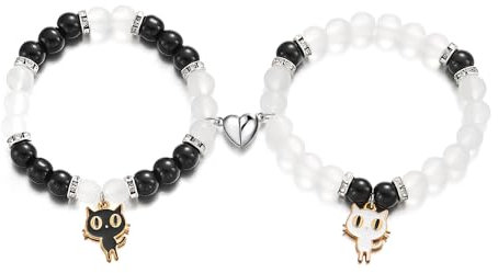 FDEETY Paar Armband Liebe Magnetische Schwarz und Weiß Pair Pack Armband Set Einfache Katze Anhänger Perlenarmband Personalisierte Geschenke Couple's Armband