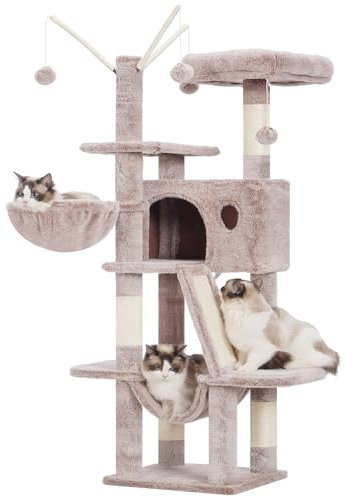 Hey-Brother Árbol rascador de 135 cm, para interior, con plataforma acolchada, pelota de juguete, cuevas, hamaca y sisal, para gatos, color beige-marrón MPJ019-SMU