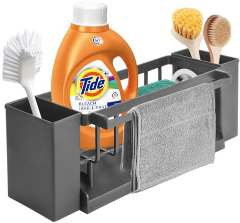 TOKPLNU Kitchen Sink Caddy,Sink Tidy with Dishcloth Hanger&Brush Holder, Sponge Holder for Kitchen Storage Rack,Washing Up Caddy Sinkware Organiser for Bathroom, Grey