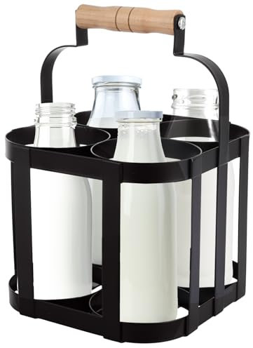 ZOFUN Milk Bottle Holder for Doorstep, 17.5 x 17.5 x 23 cm Milk Bottle Holder with 9 cm Handle, 4 Holes Milk Bottle Carriers, Stainless Steel Milk Bottle Rack for Milk Glass Storage & Carrier