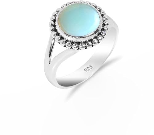 925 Sterling Silber Ring Natürlicher Chalcedon Stein Ring Vintage Boho Zarter Ring für Männer Frauen Statement Ring 10 Rund Form Ring SH-SR34-P
