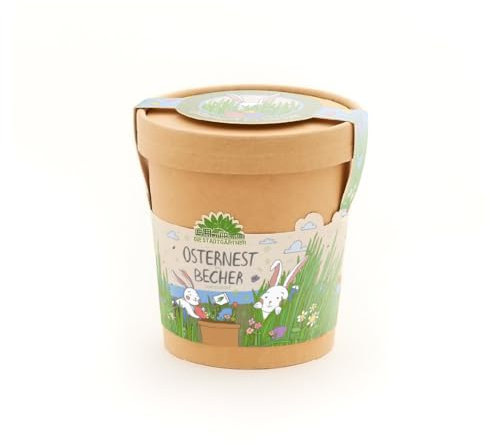 Die Stadtgärtner Ostergras-Anzuchtset für EIN grünes Osternest l Enthält Ostergras-Saatgut & eine Kokos-Quelltablette im schön gestalteten Anzuchtbecher l Züchte Dein eigenes Ostergras