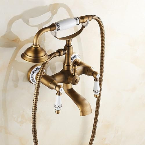 Wall Mounted Bath Mixer Taps with Shower Head Vintage Brass, Bath Mixer Tap 2 Hole Double Handle Antique