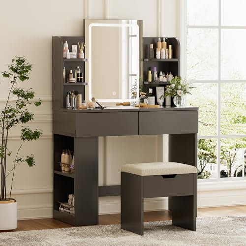 TRIUMPHKEY Toeletta da Trucco con luce LED, Tavolo da Toilette con Specchio e Sgabello,Postazione Trucco,Luminosità Regolabile,2 cassetti, Arredamento Moderno per la Camera da Let (Nero)