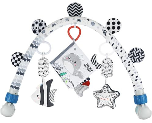 Baby Activity Arch Bassinet Toy, Black and White Travel Mobile Toy Bar with Rattle and Book, Strolle,Pram and Cot Attachment with Hanging Toys (Ocean)