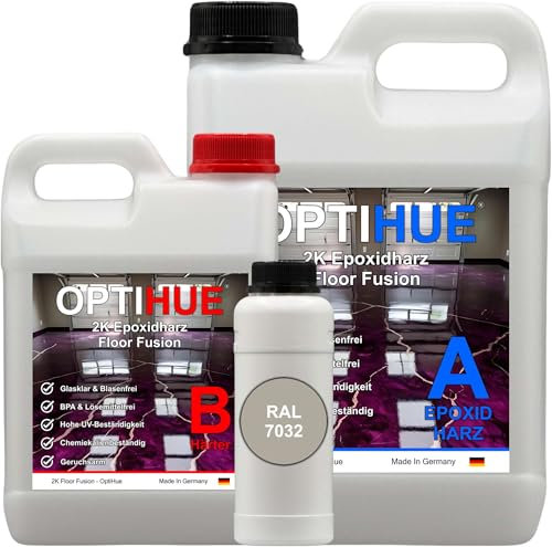 Optihue Epoxidharz Bodenbeschichtung Garagenboden 6Kg Bodenfarbe 2K Harz&Härter Garagenbeschichtung,Profi Qualität, Epoxy Gießharz geruchsarm Boden Werkstattboden (RAL 7032 Kieselgrau)