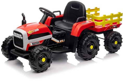 12V 3-Gang Traktor mit abnehmbarem Anhänger und 2,4G Fernbedienung, Kinder Aufsitztraktor mit LED Lichtern, Musik, Hupe & USB Funktionen, geeignet für Kinder ab 3 Jahren