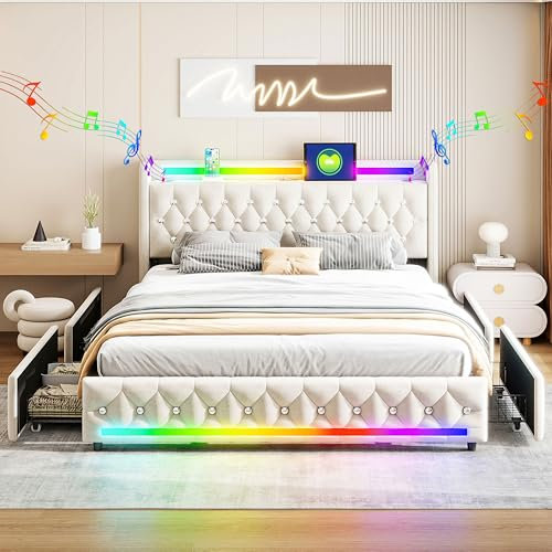 XMETPR 5-in-1 Gepolstertes Bett 160x200cm mit Bluetooth-Lautsprechern, LED-Beleuchtung, USB & Type-C Ladestation, 4 Schubladen, Holzlattenrost, Samtbett – Multifunktionaler Bettrahmen mit Kopfteil