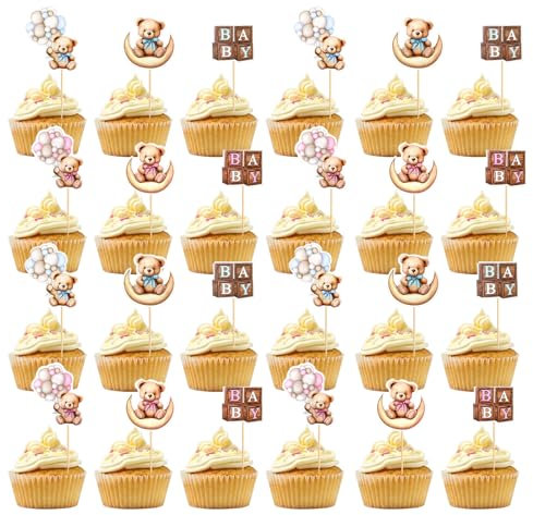 24 Stück blau-rosa Bären-Kuchenaufsätze, Bären-Kucheneinsatz, Bären-Cupcake-Topper für Geschlechtsoffenbarung, Babyparty-Dekorationen, Kindergeburtstag, Party, Cupcake-Dekorationen