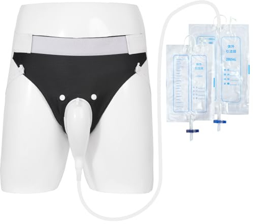 Wearable Urine Collector Set with Silicone Urine Catching Capsule, Flexible Catheter, Breathable Cotton Pants, and 1000ml *2 & 2000ml*1 Collection Bags for Comfort & Efficiency, Elderly Men, Black