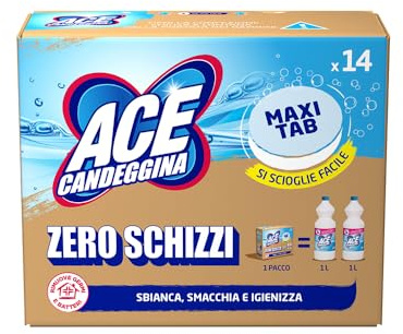 ACE Candeggina Maxi Tabs – 14 Pastiglie monodose di candeggina classica per superfici e lavatrice. Sbianca, smacchia, igienizza superfici e bucato bianco, in lavatrice o a mano, no sprechi, no schizzi