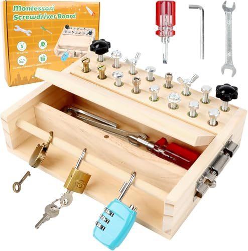 Montessori Juguetes Destornillador Board Set, Juguetes para 3, 4 y 6 años de Edad,Juguete de Madera para niños, Tabla de Tornillos de Madera,Educativo Regalo para niñas y niños