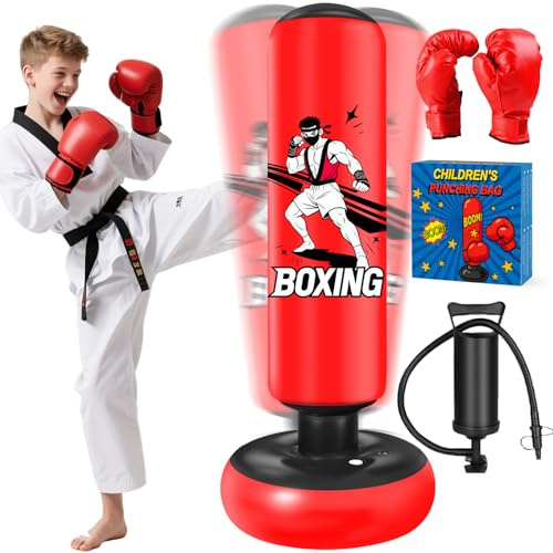 Punching Bag for Kids, 168cm Stable Boxing Bag with Gloves & Air Pump, Free Standing Inflatable Kids Punching Bags for Boys Girls Age 6-18 for Practicing Karate, Taekwondo, MMA Kid's Gifts