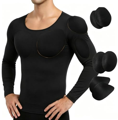 Bslingerie Men's Padded Compression Muscle Shirt with Fake Chest and Shoulder Enhancer, Winter Long Sleeve Shapewear Undershirt, Black, Sizes S-XXL