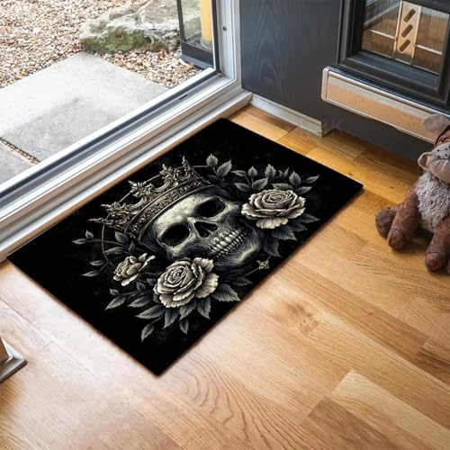 JEDTAKCT Schmutzfangmatte Innen, Waschbarer Fussmatte, Luxuriöser Totenkopf Mit Krone Muster, Vintage-Rose Teppiche, Kurzflor rutschfest Weiche Eingangstürmatte Für Flur Küche, 45X75Cm, Schwarzgold