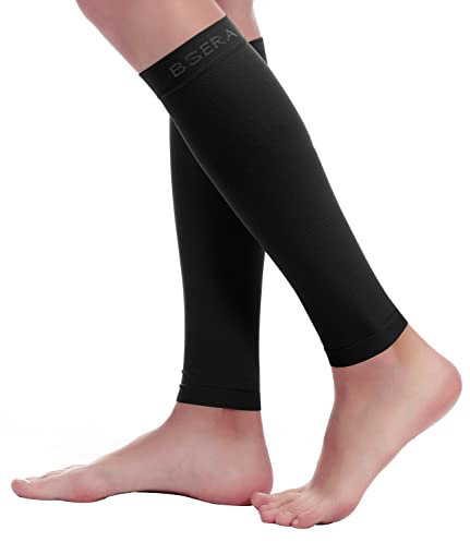 BSERA Lot de 2 paires de manchons de compression pour mollet pour femme, 15-20 mmHg, chaussettes de compression sans pieds, pour périostite tibiale, varices, récupération (noir, taille S)