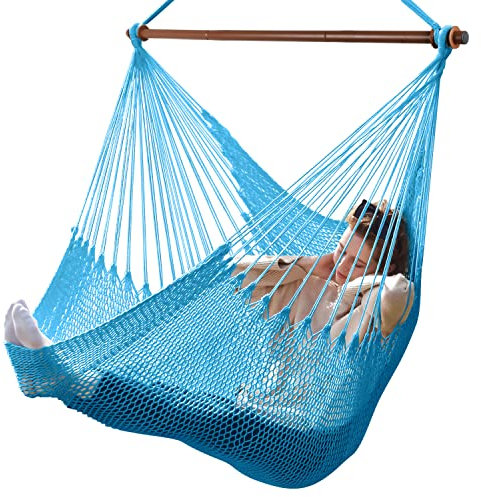 Bathonly Großer Hängesessel mit Metall-Spreizstange, bis 150 kg belastbar, Karibik Hängeschaukel, XL Handgewebt Hängestuhl für Indoor und Outdoor, Wohnzimmer, Terrasse, Garten, Balkon (Blau)