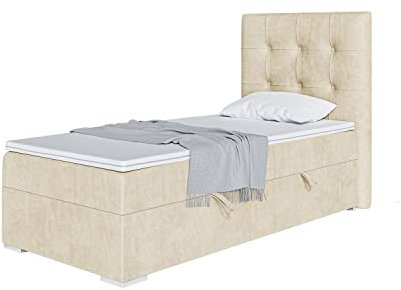 MEBLINI Boxspringbett mit Bettkasten - Gepolstert Einzelbett mit Matratze und Topper - Polsterbett mit Stauraum - Bett mit Kopfteil - Stauraumbett - Deniz - 80x200 Links - H3/Beige Samt