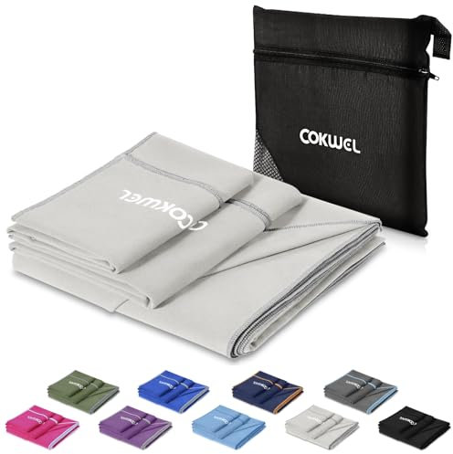 COKWEL Microfaser Handtücher Reisehandtuch 3 Stück-152x80cm/80x38cm/38x38cm - Schnelltrocknender Sporthandtuch, Saugfähiger Mikrofaser Handtuch für Reisen, Fitnessstudio, Strand(hell grau)