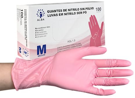 MUNTRADE Guantes Desechables de Nitrilo 100 unidades | Sin Polvo, Sin Látex, Uso Médico y Profesional | Guantes Nitrilo Desechable Color Rosa Talla M
