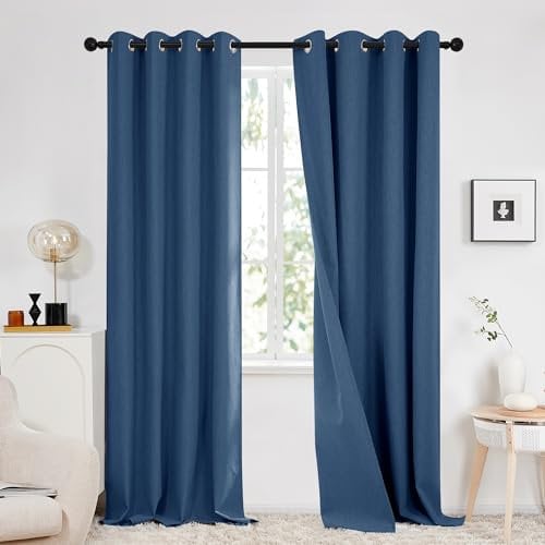 Deconovo 100% Blackout Faux Linen Curtains, Double-Sided, Thermal Insulated, Noise-Reducing, Eyelet Curtains for Bedroom & Living Room - 2 Panels (Blue 46x90)