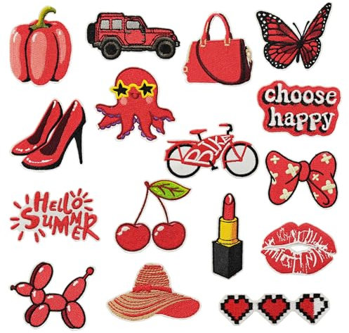 Woohome 16 Stück Patches zum Aufbügeln, Rot Abzeichen Bügelflicken Flicken Patches Patch Sticker Applikationen Zum Nähen Oder Aufbügeln für Denim Jeans, Bügelflicken Set, Dekoration and Repariere