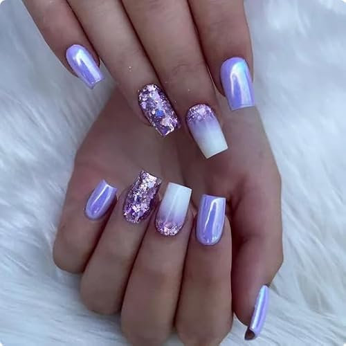 A N K Coffin Ballerina Tapered Press on Rainbow False Nails, Glossy Metallic Acrylic Nail False Tips Artificial Finger Manicure for Women (24 pcs purple marble nails)