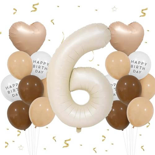 VUCDXOP Geburtstagsdeko Mädchen 6 Jahr, 6 Jahr Beige Geburtstag Deko, Luftballon 6. Geburtstag, Geburtstag deko 6 Jahre Jungen, Folienzahlen Ballons, Riesen Folienballon Zahl 6 für Geburtstag Party