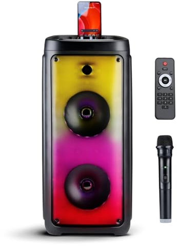 Enceinte Bluetooth avec Micro - Partybox avec Éclairage d'Ambiance - Enceinte Karaoke Adulte et Enfant - avec Bluetooth, entrées Aux et USB - Facile à Transporter avec Poignée - Noir