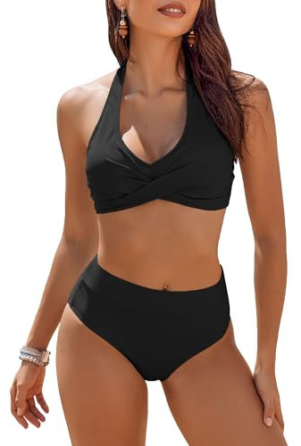 AI'MAGE Damen Zweiteiliger Badeanzug V-Ausschnitt Blumenmuster Bikini Bademode Bauchkontrolle Bikini Sets, Schwarz, M