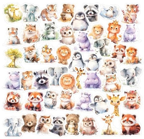 AOZUO 50 Stück Süße Tiere Sticker Kinder, Kawaii Vinyl Aufkleber mit Niedlichen Aquarellen Tiere Motiven Wasserfest Selbstklebend für Laptop, Telefon, Wasserflasche, Fahrrad, Scrapbook, Fotoalben