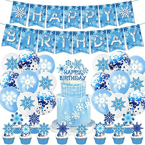 34PCS Decoraciones de Fiesta de Cumpleaños de Frozen con Copos de Nieve, Globos y Adornos para Tarta