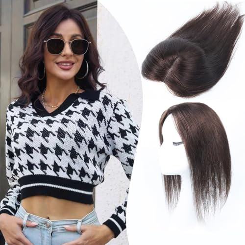 Haarteile für Frauen Echthaar Extensions Clip in Pony Echthaar Topper für dünner werdendes Haar 8 x 11 cm handgewebte Flächenabdeckung Schweizer Spitze natürliches Haarteil Dunkelbraun