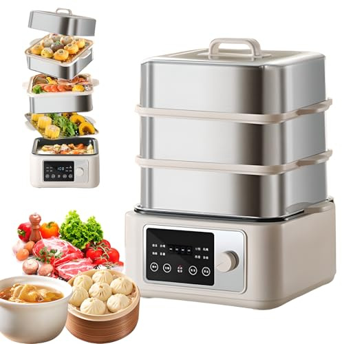 Vaporiera elettrica, 8/12/16 l, 1350 W, vaporiera per Verdure con Touch Screen, Timer 24 Ore, 8 funzioni Menu, Isolamento a Doppia modalità, vaporiera Multifunzione Intelligente in Acciaio Inox 16L