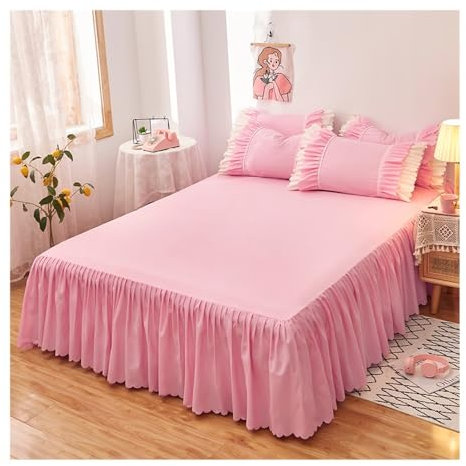 1/3 x Rüschen-Bettrock mit elastischem Band, einfarbig, Matratze, Einzelbett/Queen-Size-Betttuch oder 2 Kissenbezüge (Rosa, nur 2 Kissenbezüge)