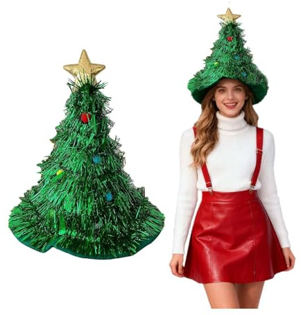 WeihnachtsbaumHut, WeihnachtsbaumHut für Weihnachten, Weihnachtsbaum-Hut,Weihnachtsbaum-Hut für Erwachsene, Einheitsgröße Weihnachtsmütze, mit Sternen und goldenen Pailletten, festlicher Kopfschmuck