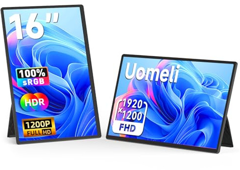 Uomeli Portable Monitor for Laptop 16 1920x1200P FHD Portable Screen Small External Travel Monitor with USB-C HDMI, Dual Display Second Screen Stand for Laptop PC Phone Mac