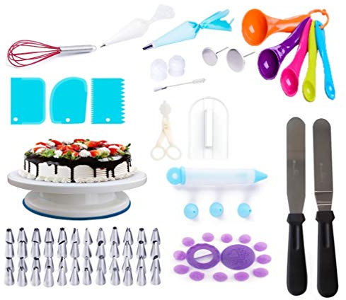 Smart Baking 95 pcs Cake Decorating Supplies Set | Cake Rotating Turntable Stand | 2 Palette Knives | 24 Icing Tips | Silicone Pastry Bags + 30 Piping Bags | 3 Scrapers | Cake Smoother and More