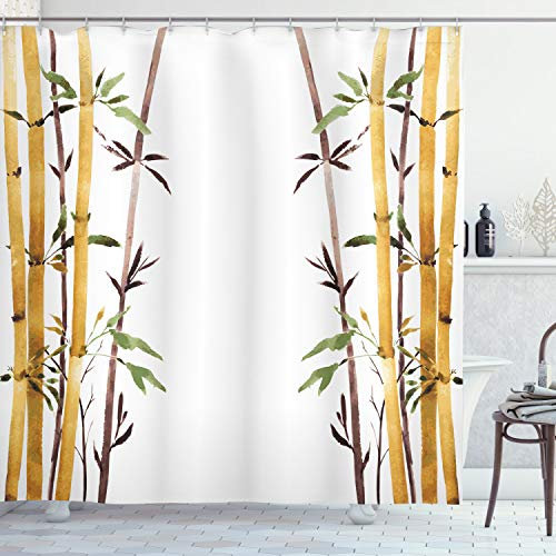 ABAKUHAUS asiatisch Duschvorhang, Hand Drawn Bambusse Blatt, Stoffliches Gewebe Badezimmerdekorationsset mit Haken, 175 x 200 cm, Braun Creme Weiß