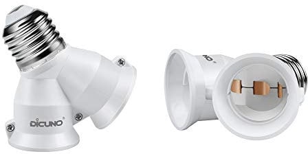 DiCUNO E27 Lampenfassung Splitter Adapter 2-in-1, E27 Sockel Verteiler, Für LED Lampe, Glühbirne, Halogen, Lampensockel Konverter, 2er Pack